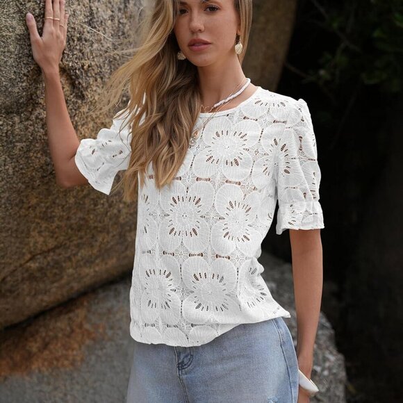 Women's Eyelet Tops Puff Short Sleeve Blouses Dressy Casual Cute Hollow Out Croc - Picture 7 of 10